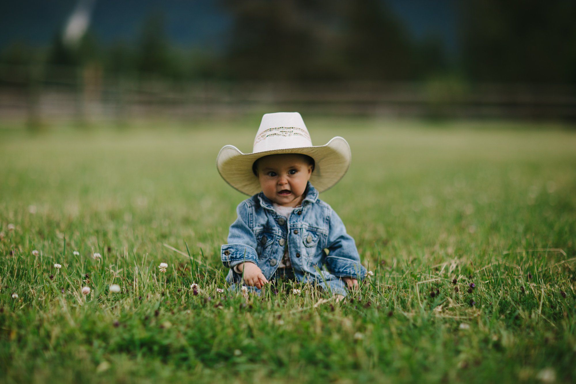 Toddler in denim shirt and cowboy hat crawling through sunlit grass with soft-focused trees behind