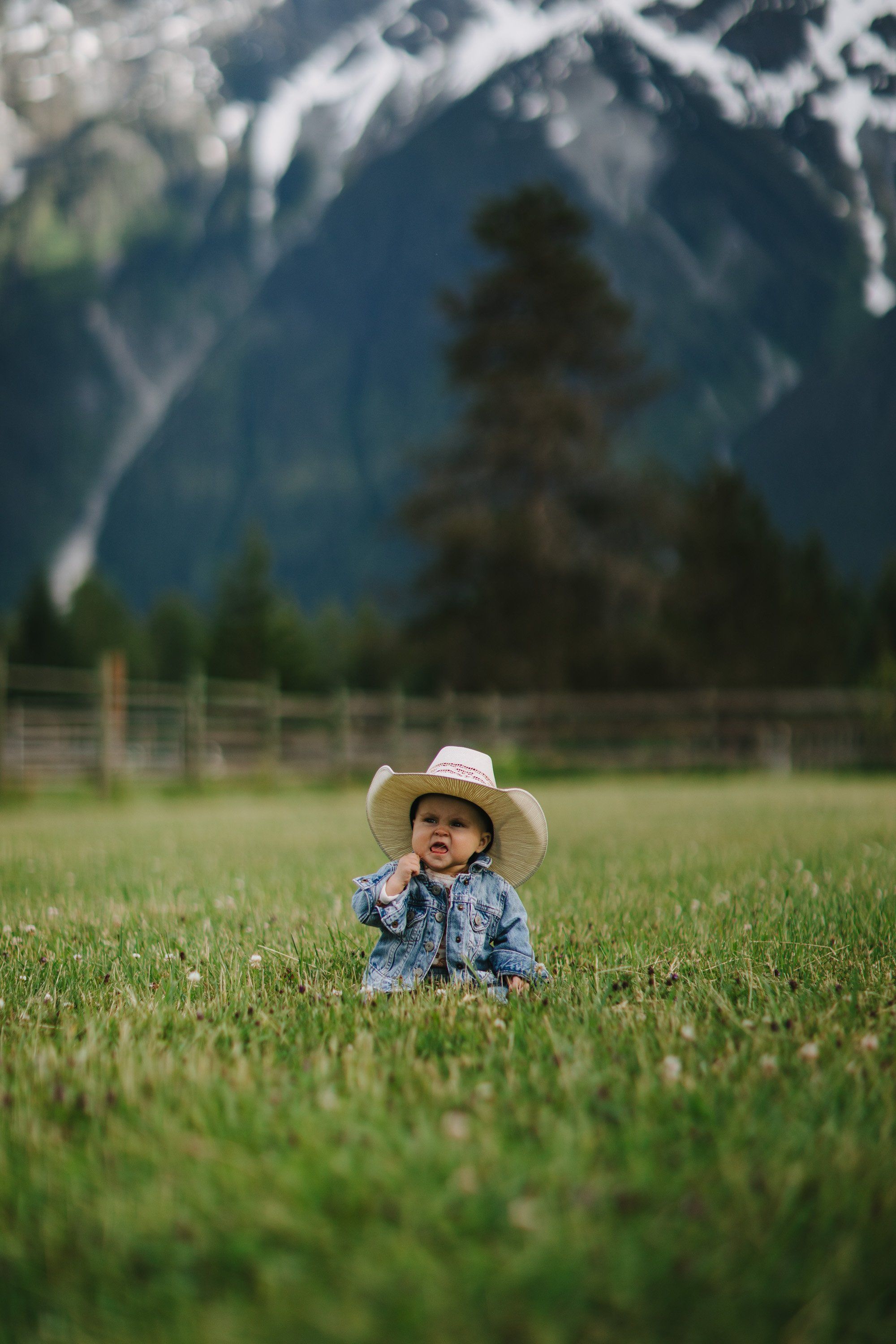 Toddler in cowboy hat and denim shirt stands in lush meadow with snow-capped mountains and wooden fence behind
