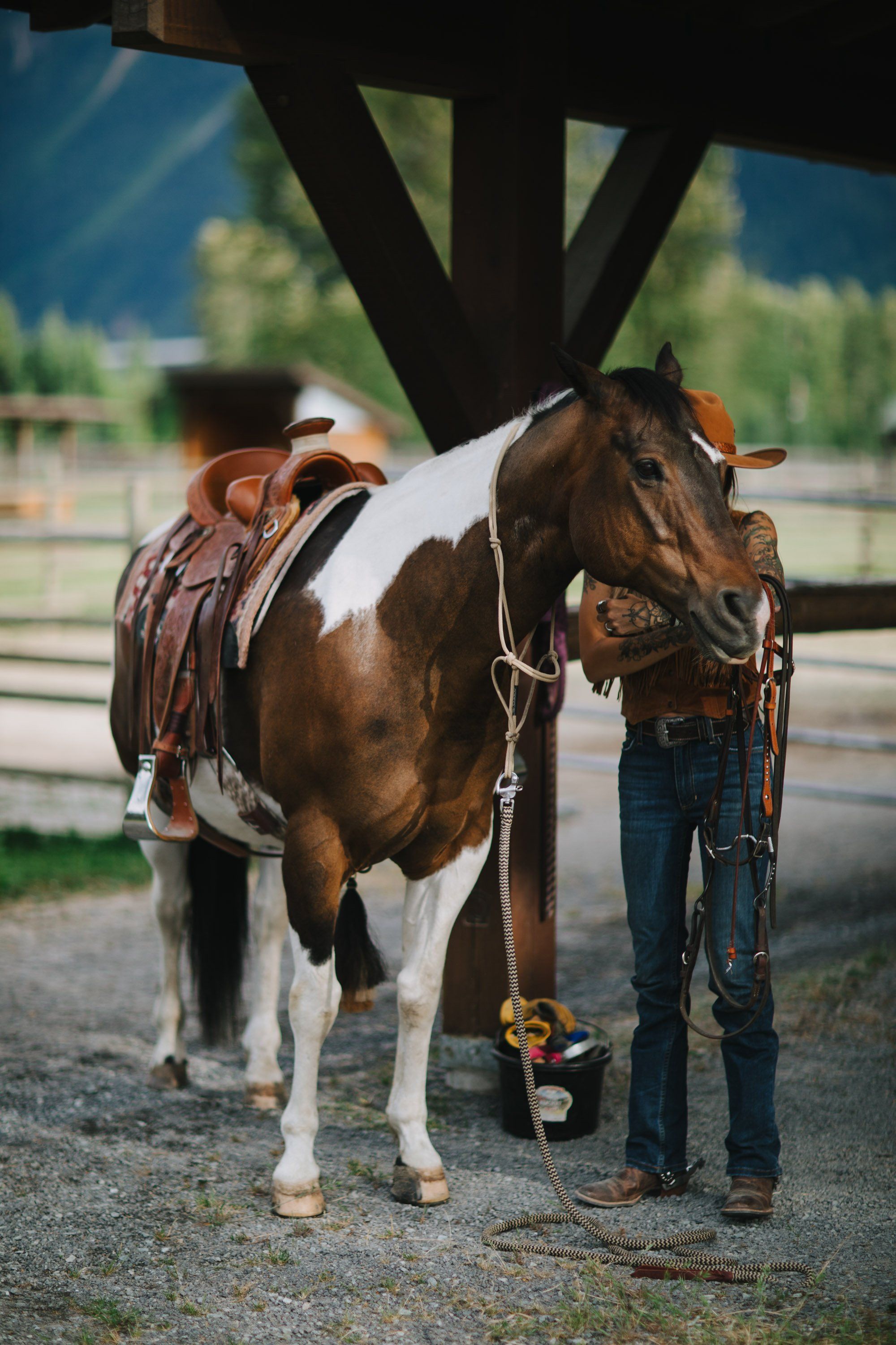 Woman in denim leads a brown and white horse wearing a western saddle under a wooden shelter structure