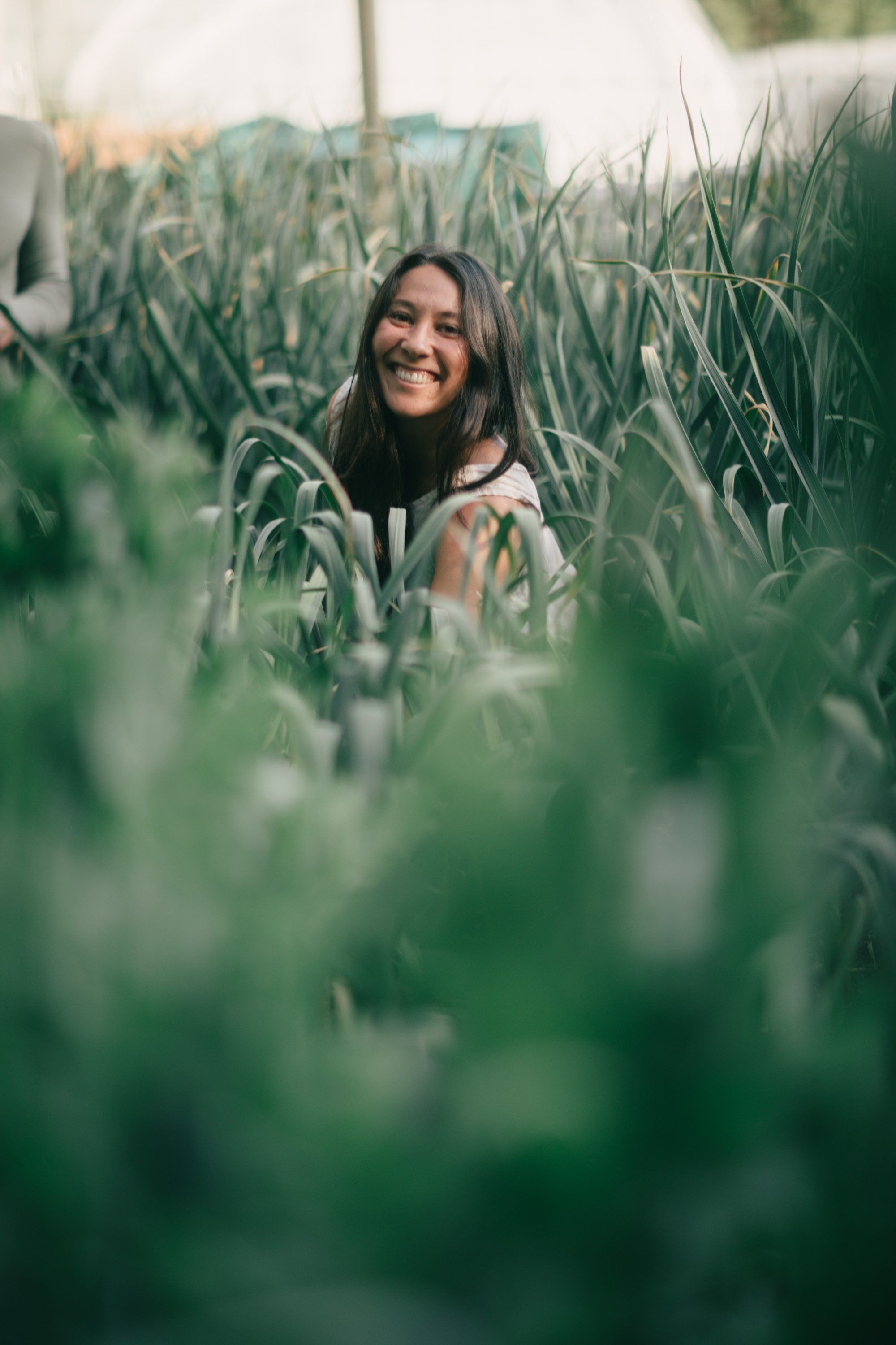 Woman smiling among tall green crops in dappled sunlight at a farm on Salt Spring Island