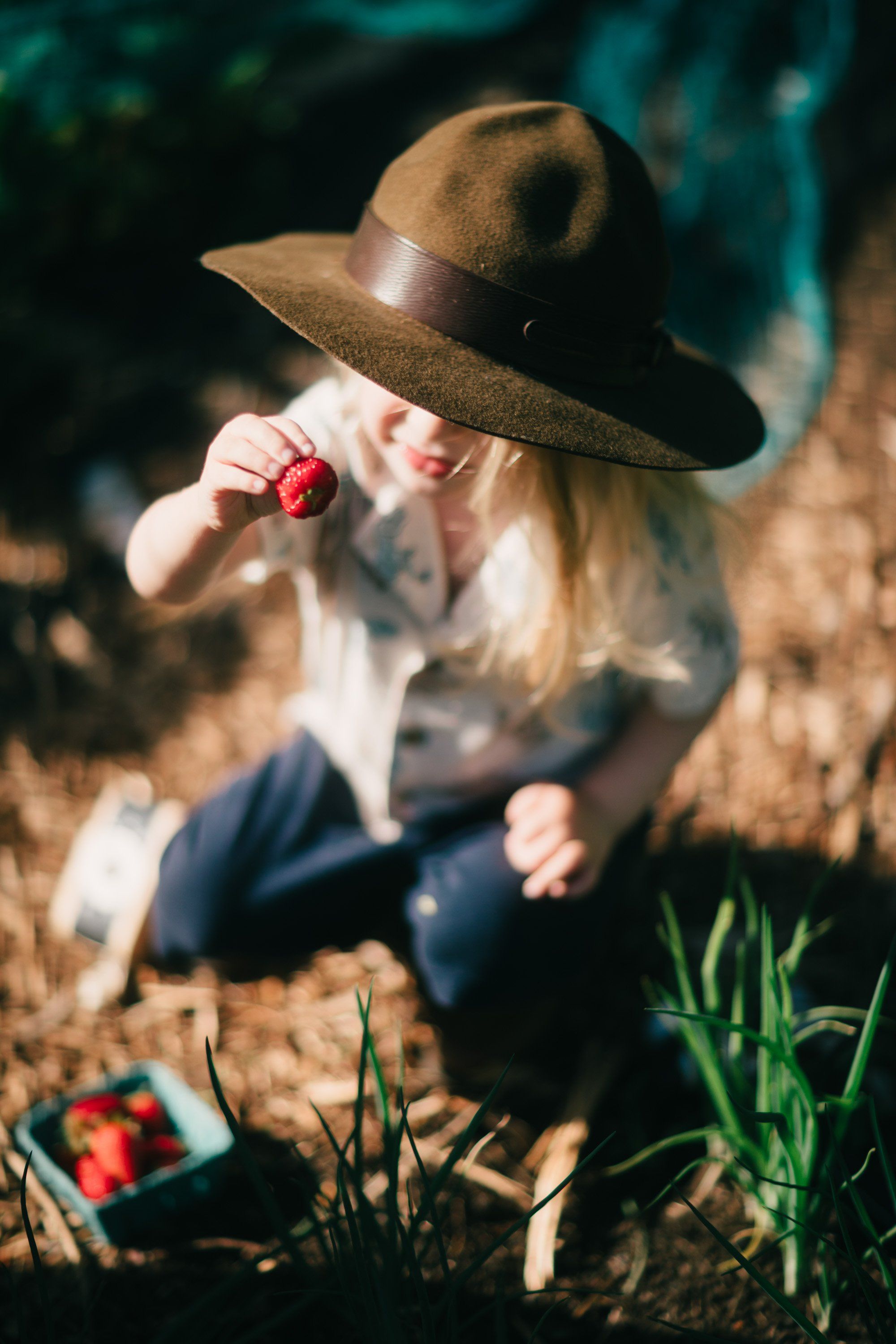 Young child in wide-brimmed hat holding red flower among tall grass and dappled sunlight on farm ground