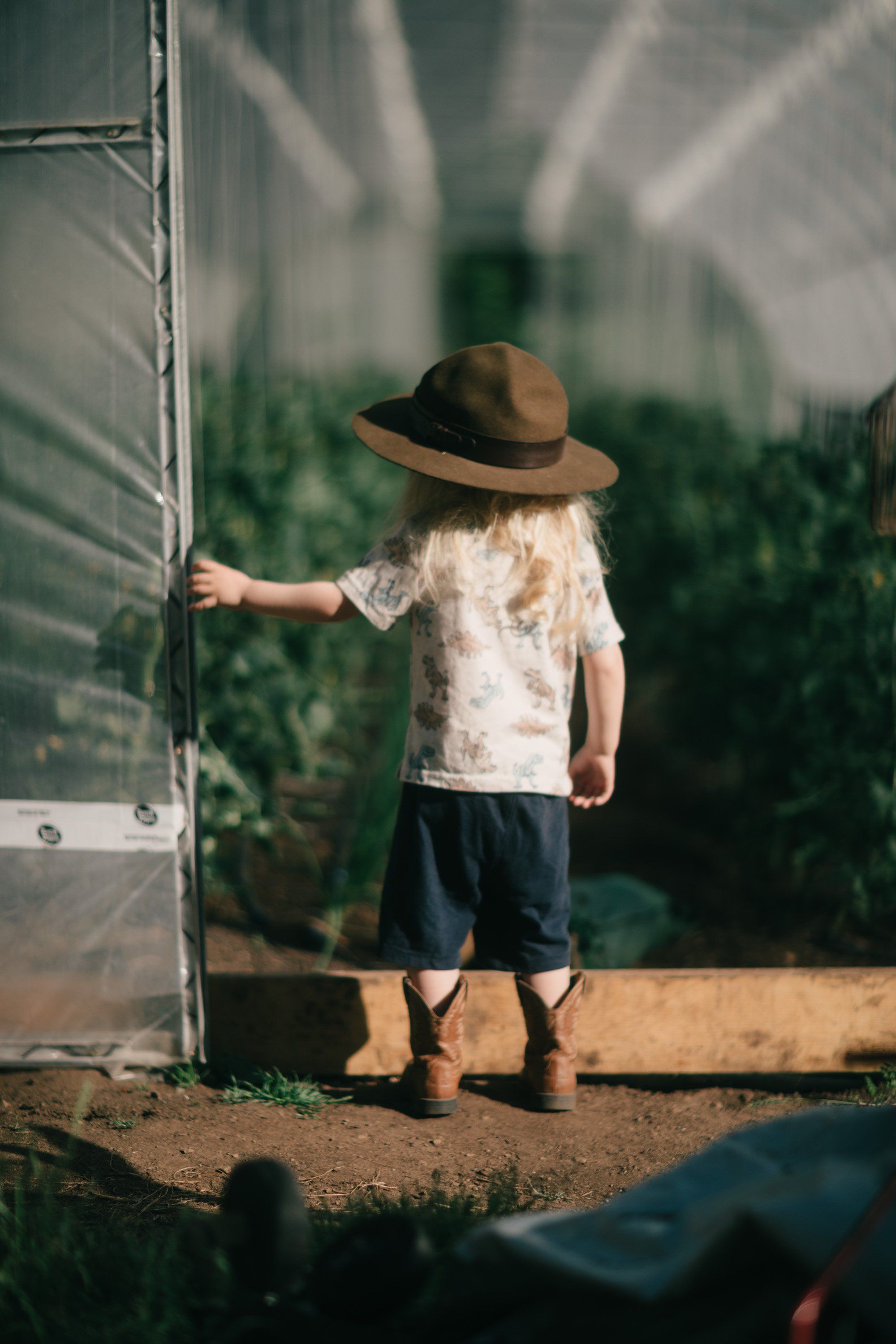 Child in white lace shirt and hat stands at greenhouse door with lush green plants visible behind diffused light