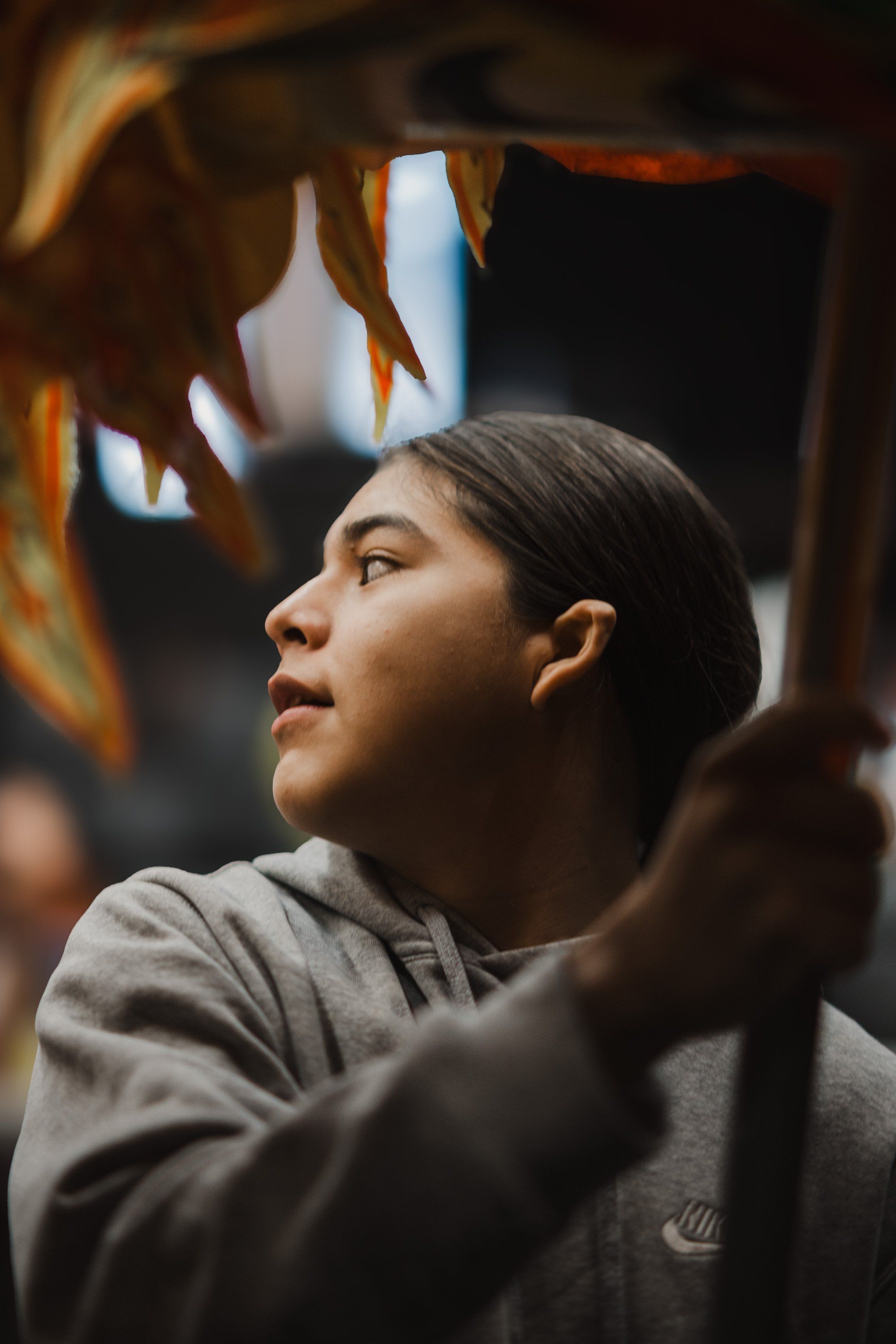 Young person in profile gazing upward, warm golden light filtering through autumn leaves overhead, contemplative expression against soft blurred background