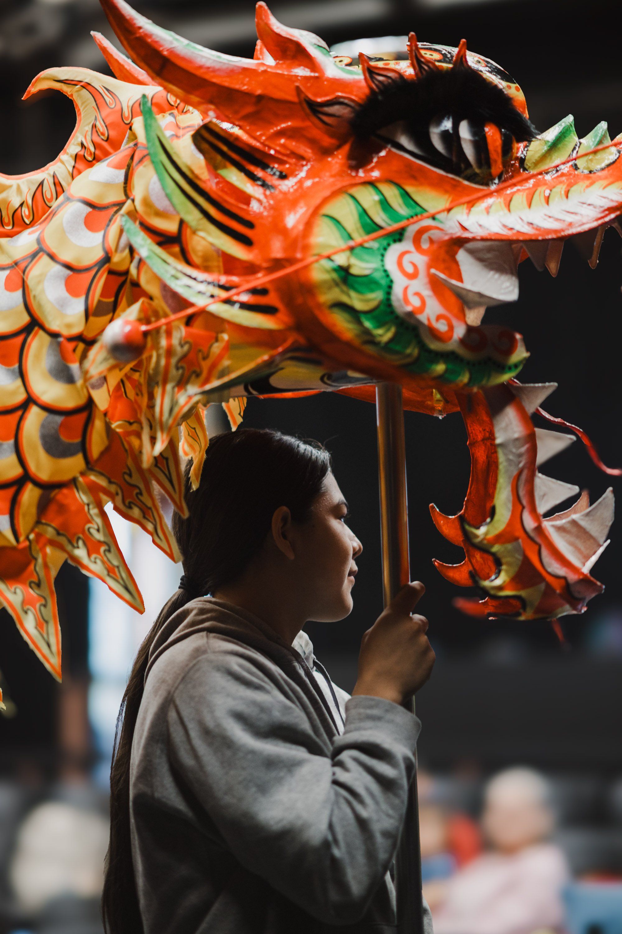 Man in profile holding vibrant red and green dragon lantern against dark background at night celebration