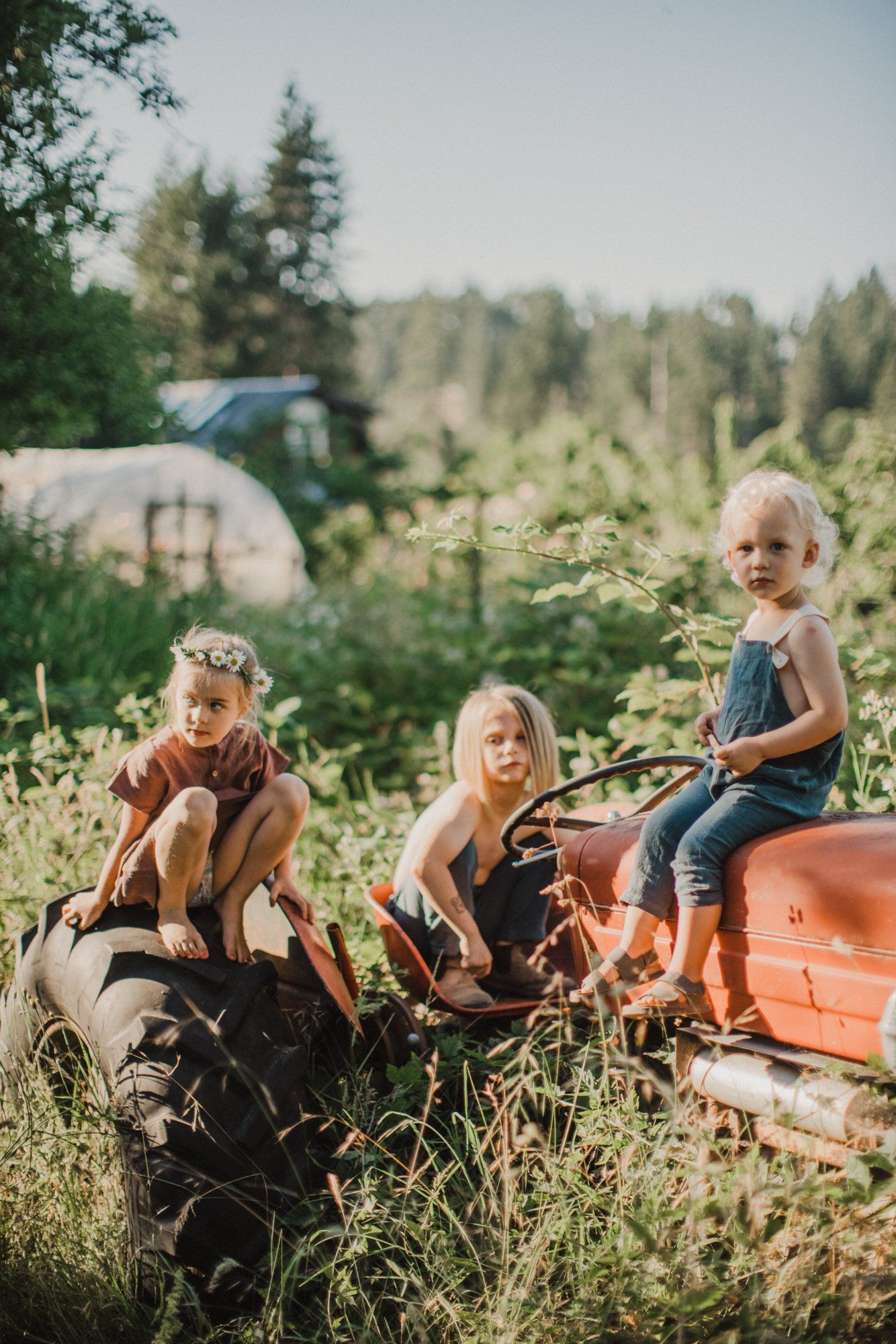 Three young children sit on an orange vintage tractor among wildflowers, forest-clad mountains glowing softly in the background