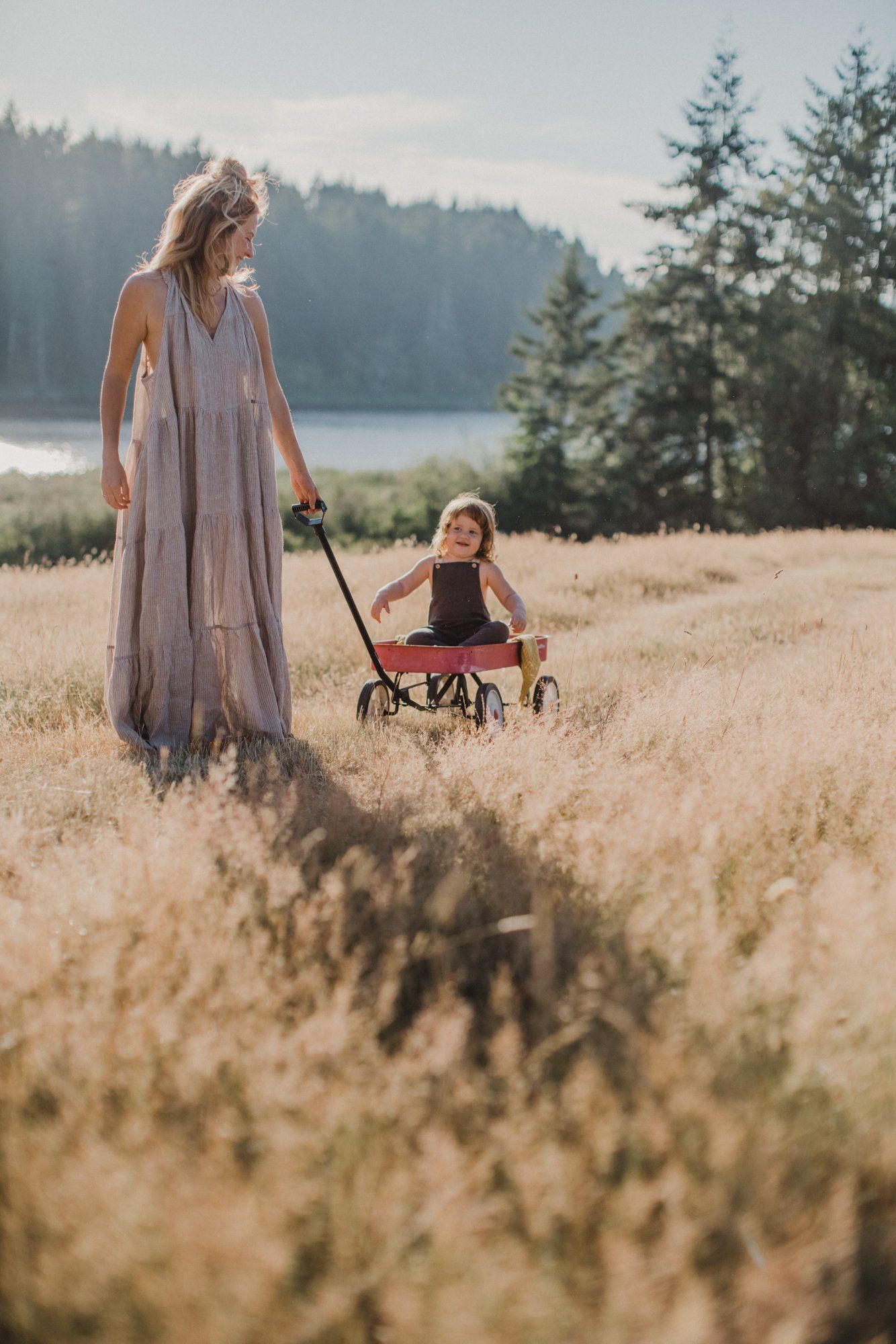 Woman in flowing gray dress standing in golden field with child in red wagon, forested shoreline and lake beyond