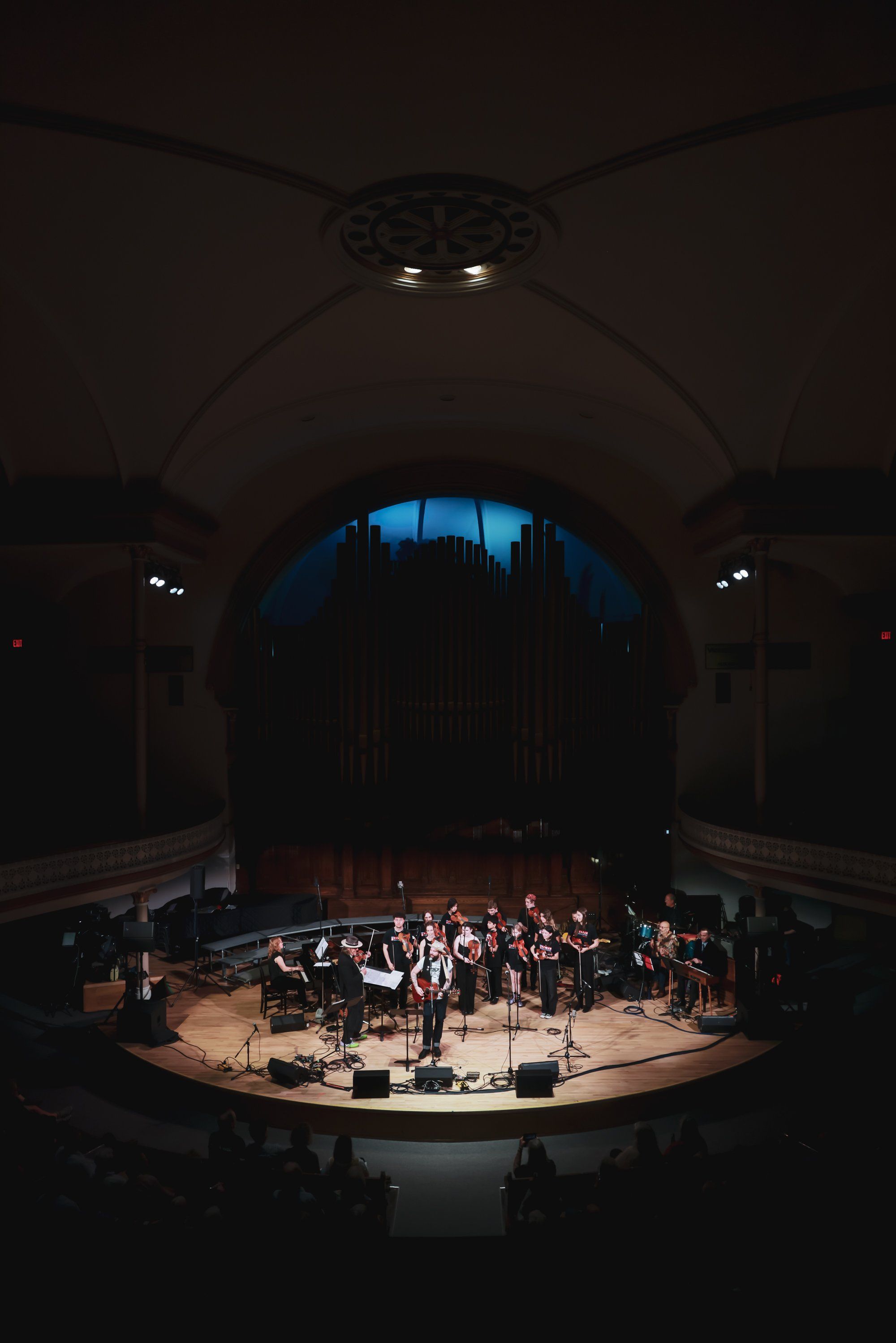 Orchestra ensemble performing on a spotlit stage beneath a dramatic arched ceiling in a dark concert hall