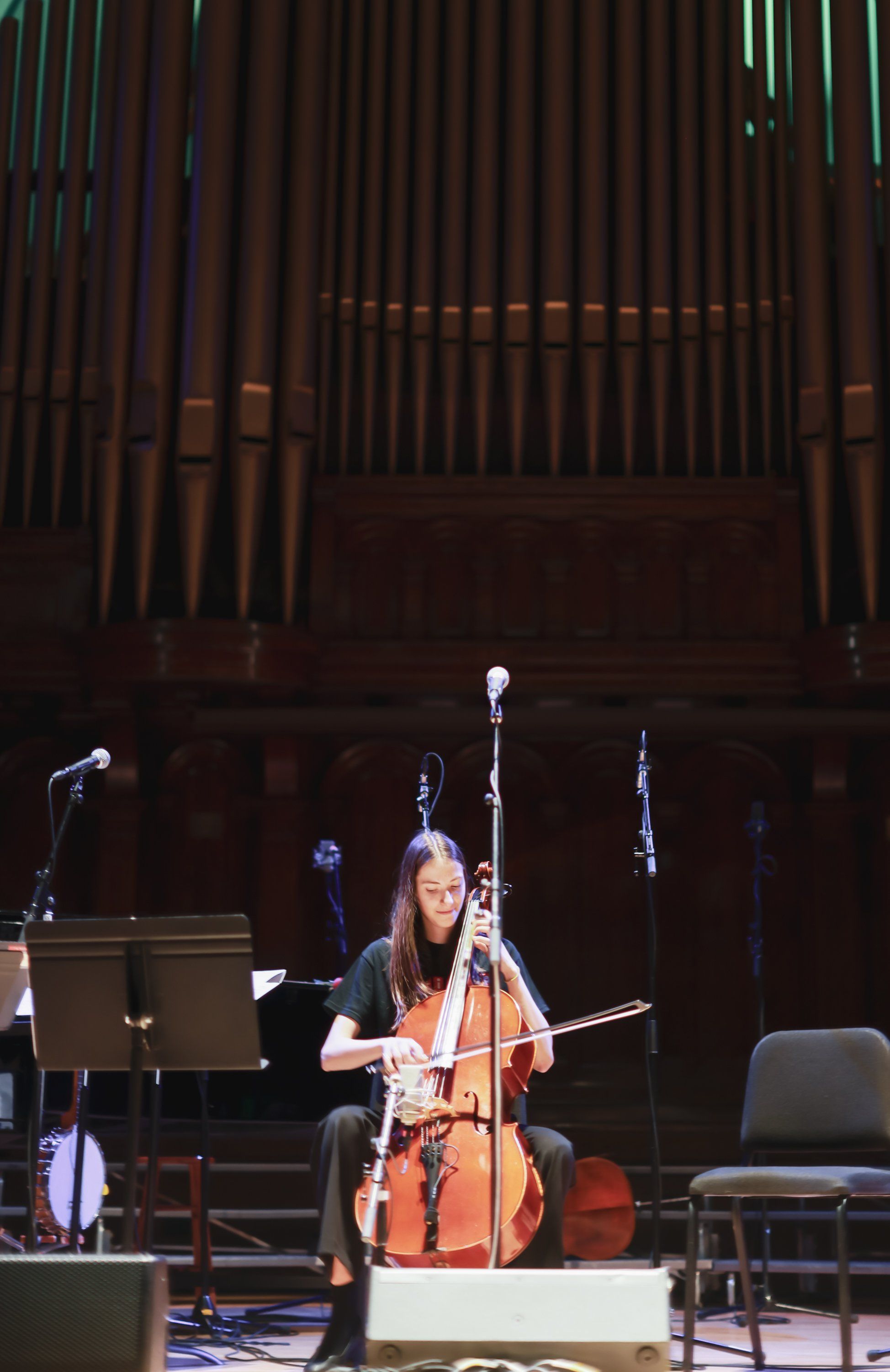 Cellist performing solo on stage with warm spotlight, organ pipes illuminated in background