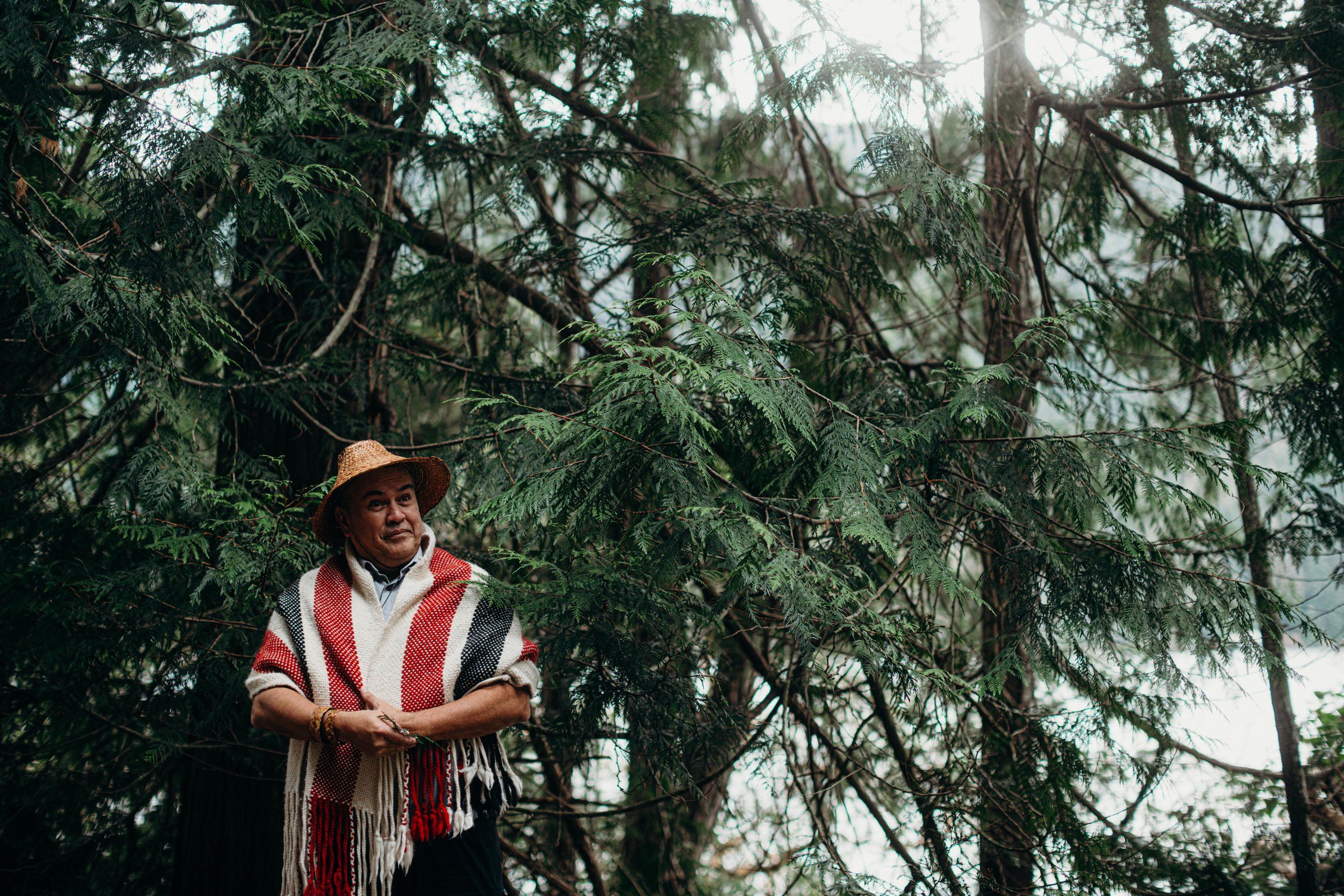 Man in brown hat and red striped shawl stands smiling among towering evergreen trees in dappled forest light