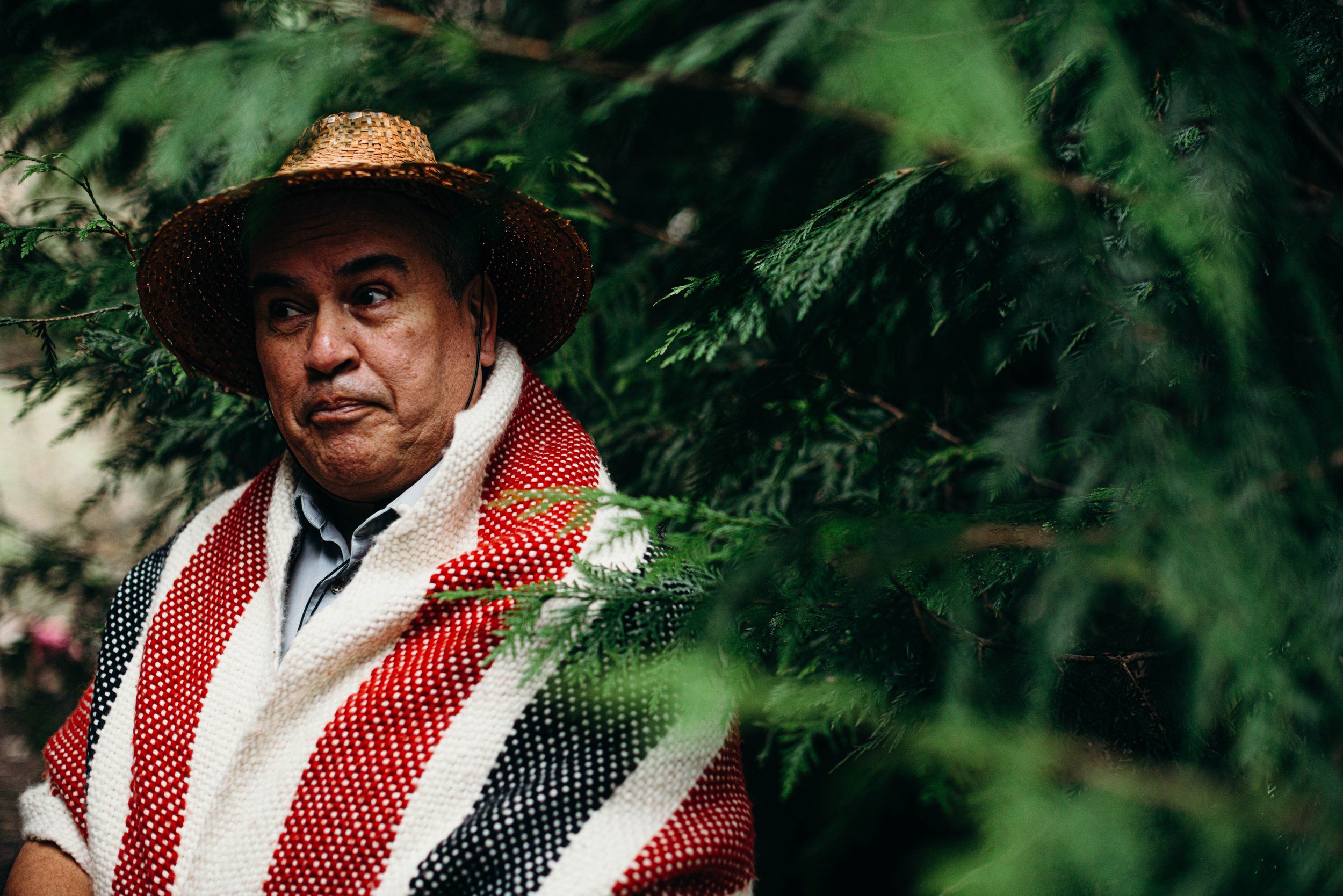 Man in straw hat and red-and-white striped blanket among evergreen branches, warm studio lighting