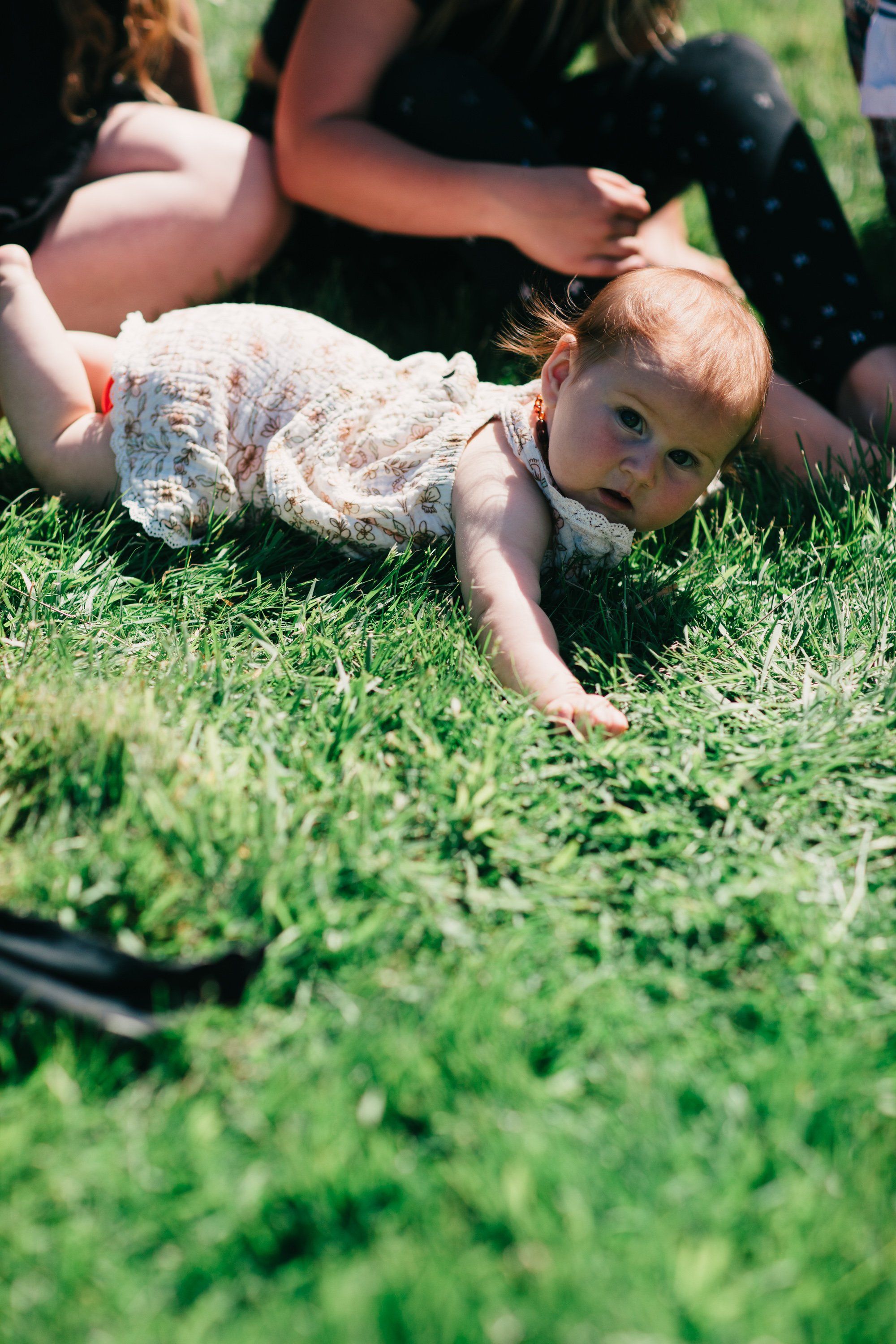 Barefoot toddler crawling through grass at Ruckle Farm with caregiver's hands guiding nearby, dappled sunlight filtering through trees