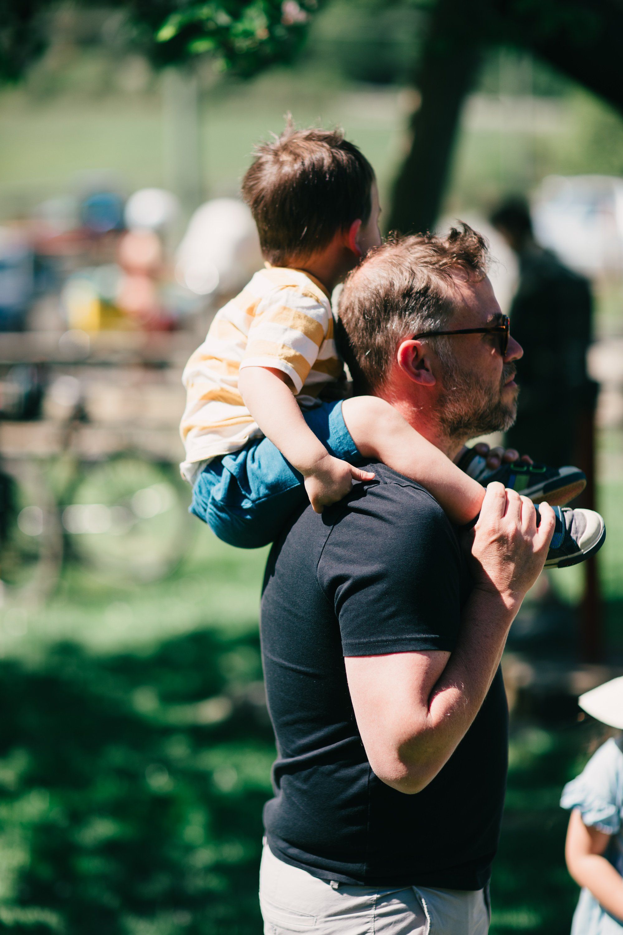Man carrying young child on shoulders in sunlit farm setting with blurred pastoral background