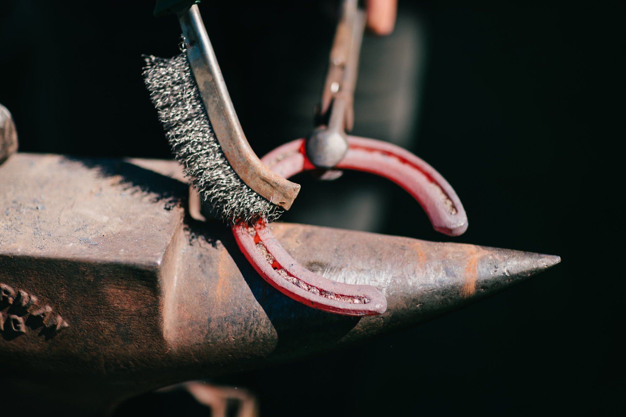 Weathered farm tools with wire brush and red handles rest against dark soil, capturing rustic agricultural heritage
