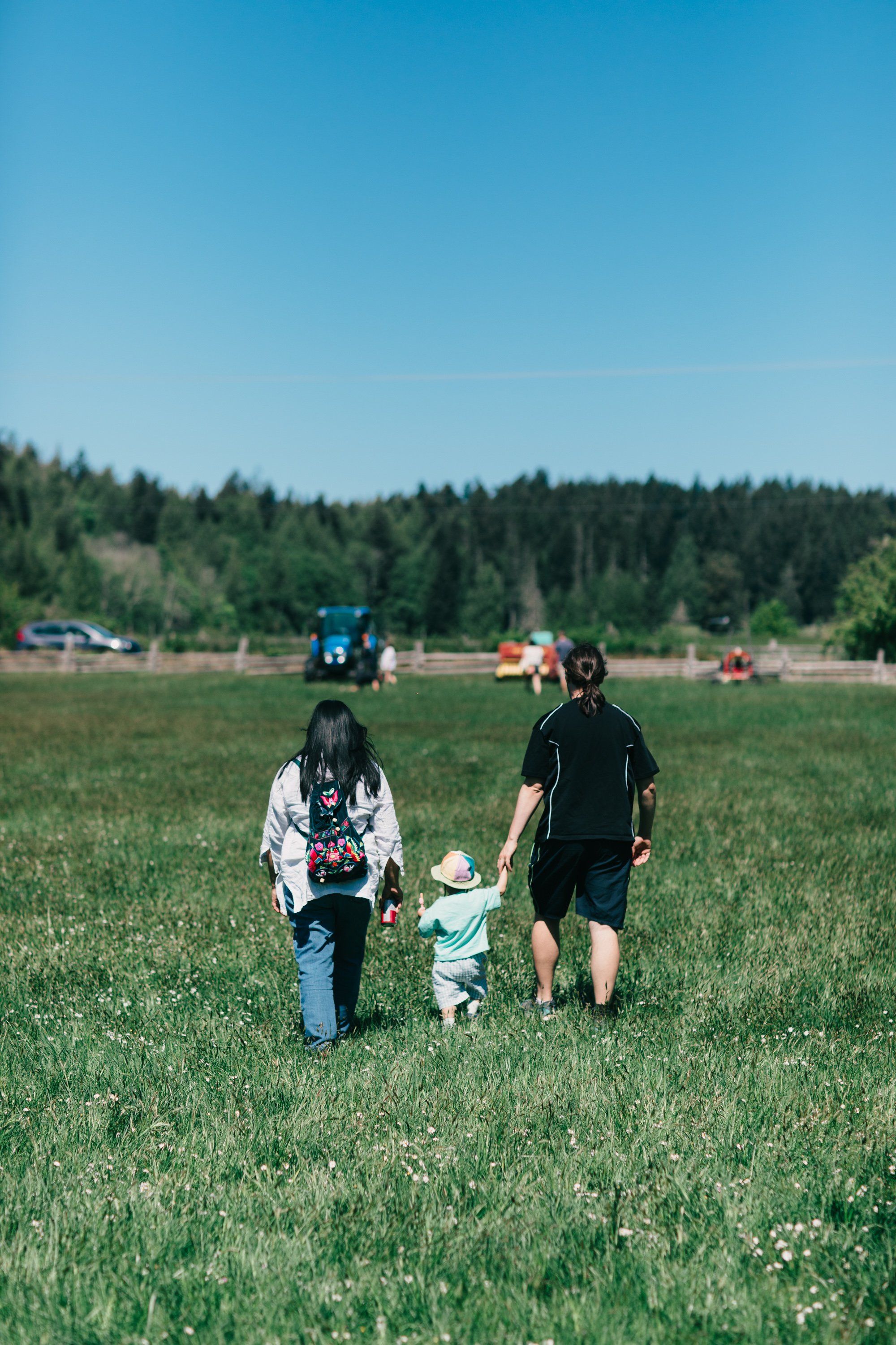 Family walking through open field toward distant treeline under clear blue sky at Ruckle Farm