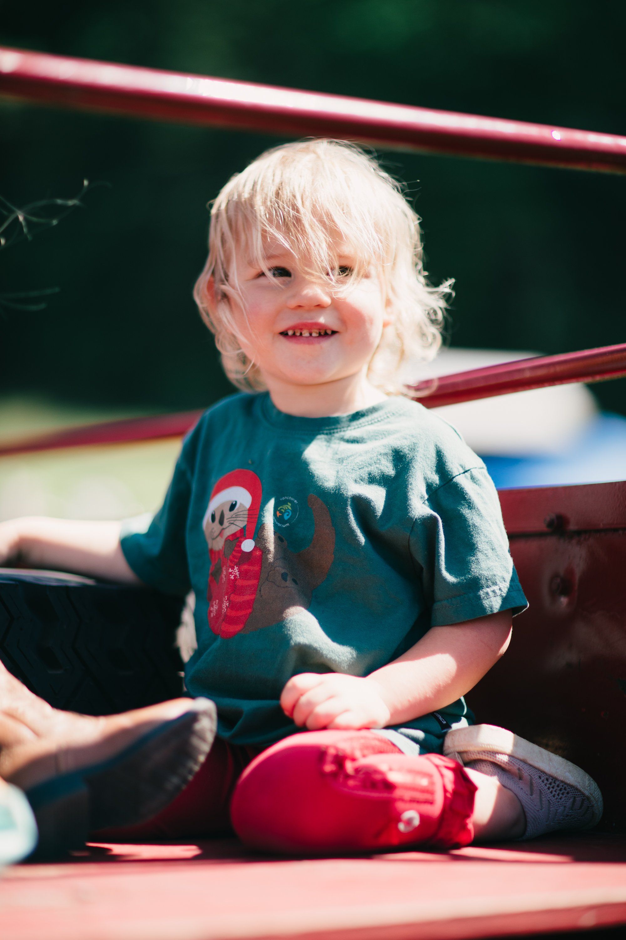 Blonde toddler in teal shirt and red pants sits on rustic farm equipment, smiling in warm sunlight with green blurred background