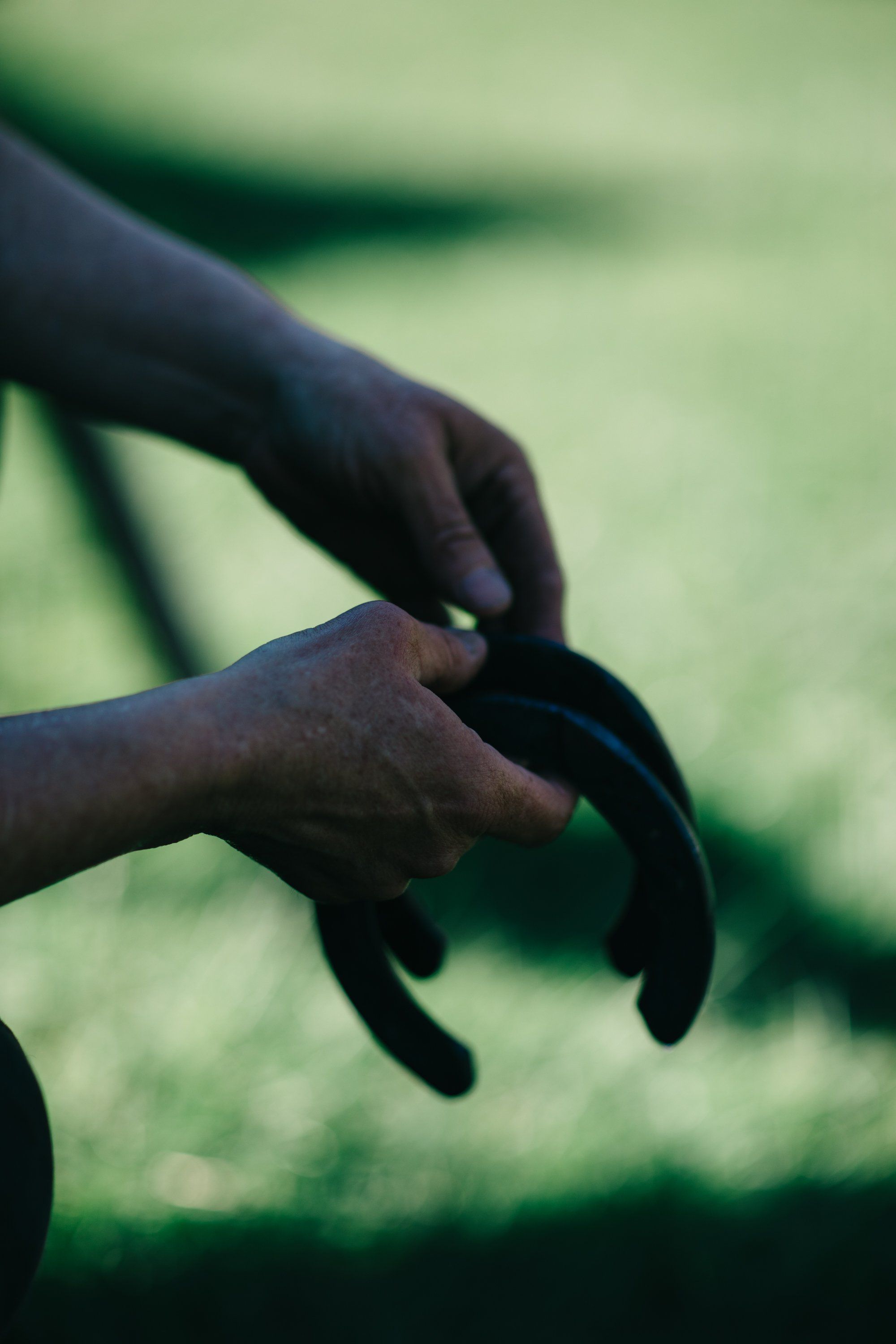 Child's hands holding a blue-black fabric against a soft green blurred farm background