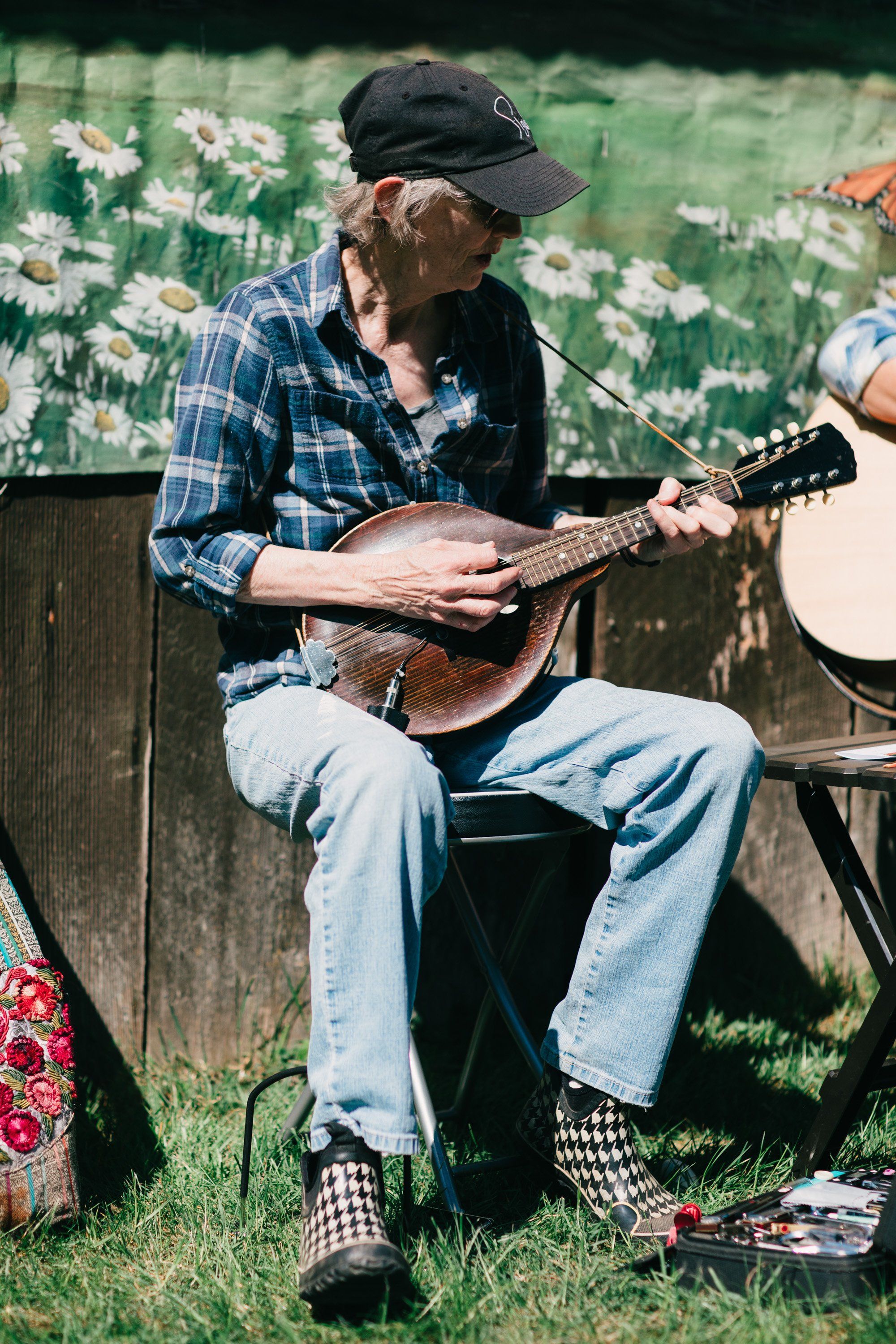 Musician in plaid shirt and cap plays mandolin outdoors, seated on wooden bench with wildflower field backdrop