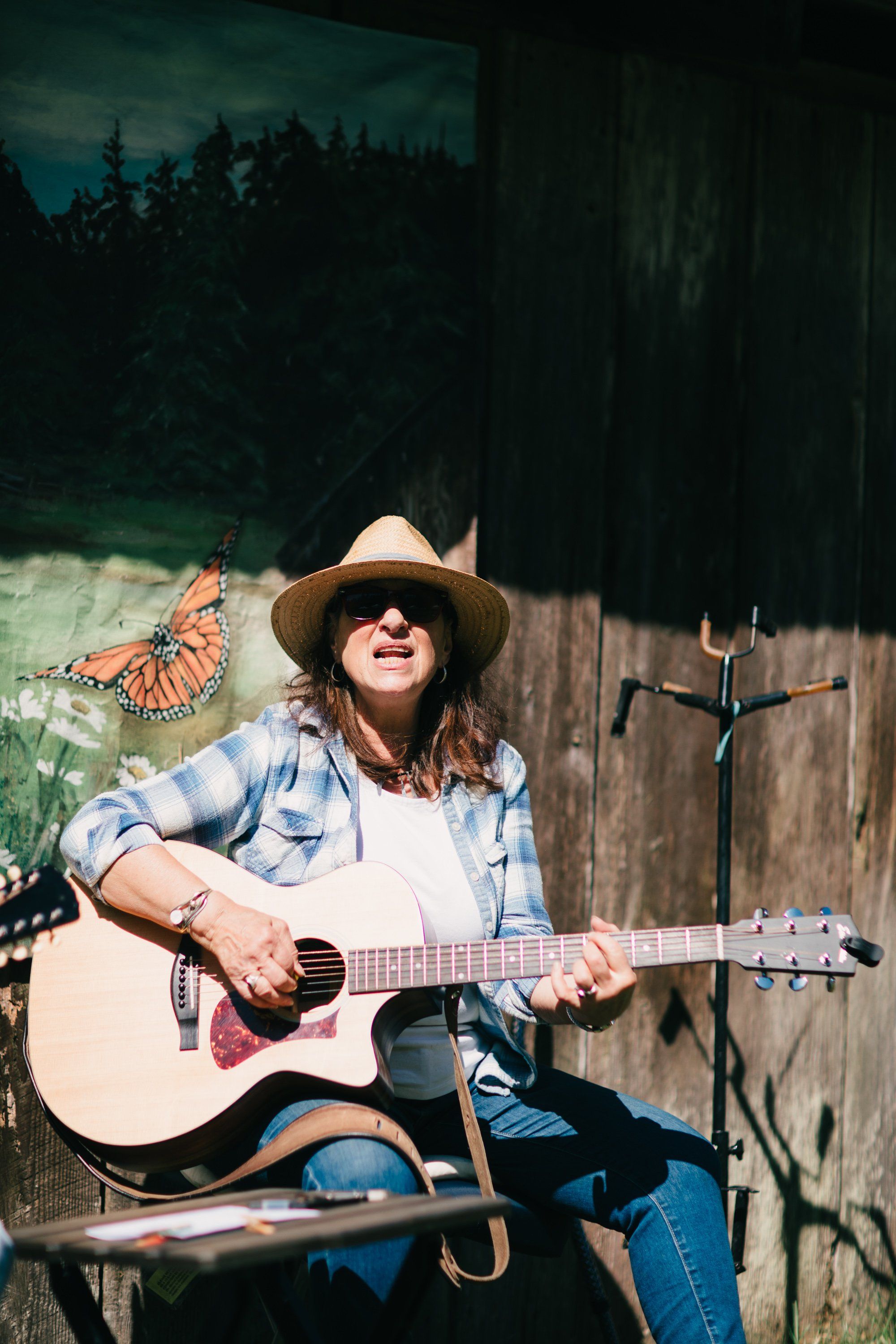 Musician in cowboy hat and sunglasses plays acoustic guitar outdoors against weathered barn wood, dappled sunlight catching orange butterfly nearby