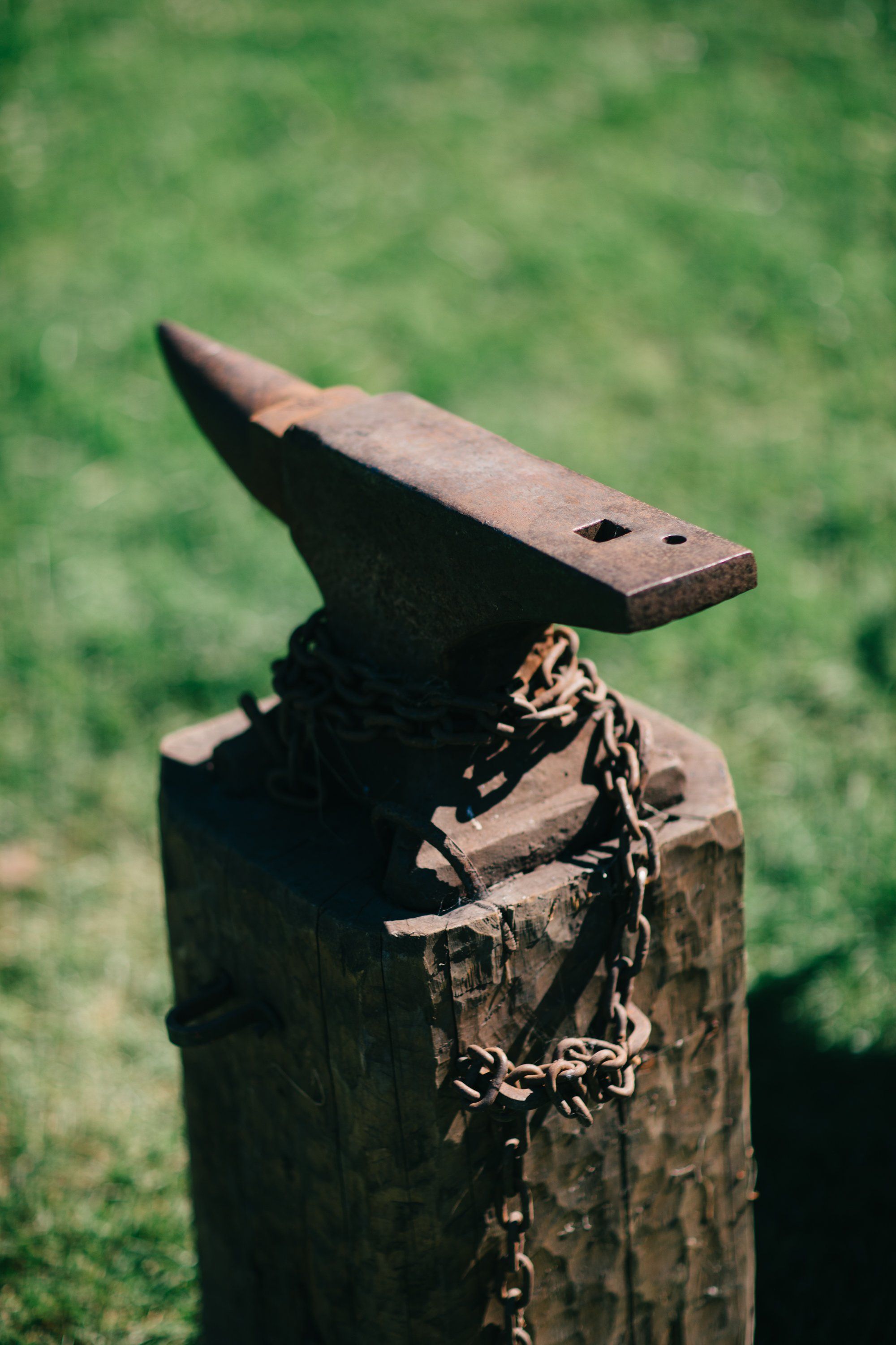 Weathered anvil mounted on a wooden post with chain, casting sharp shadows against soft green grass
