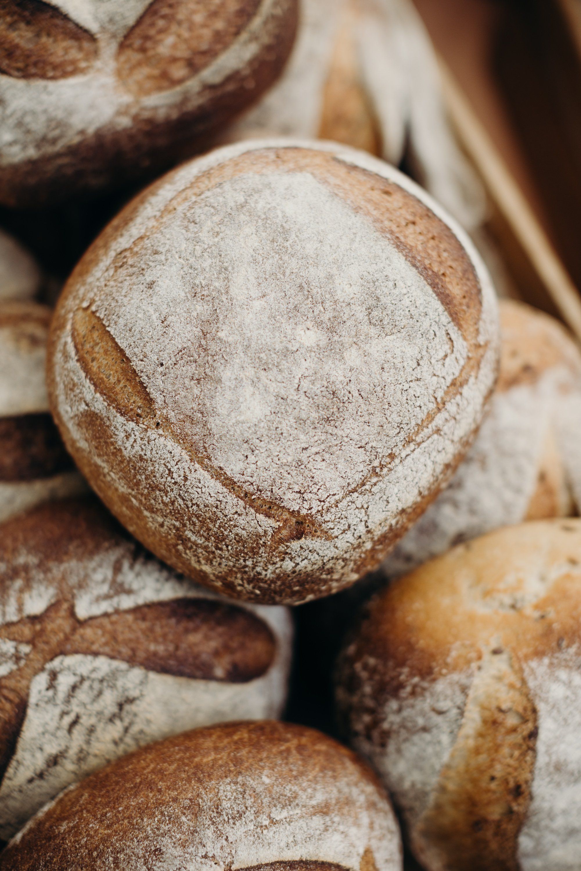 Crusty artisan bread rolls dusted with flour, stacked closely together with warm, golden-brown surfaces catching soft natural light