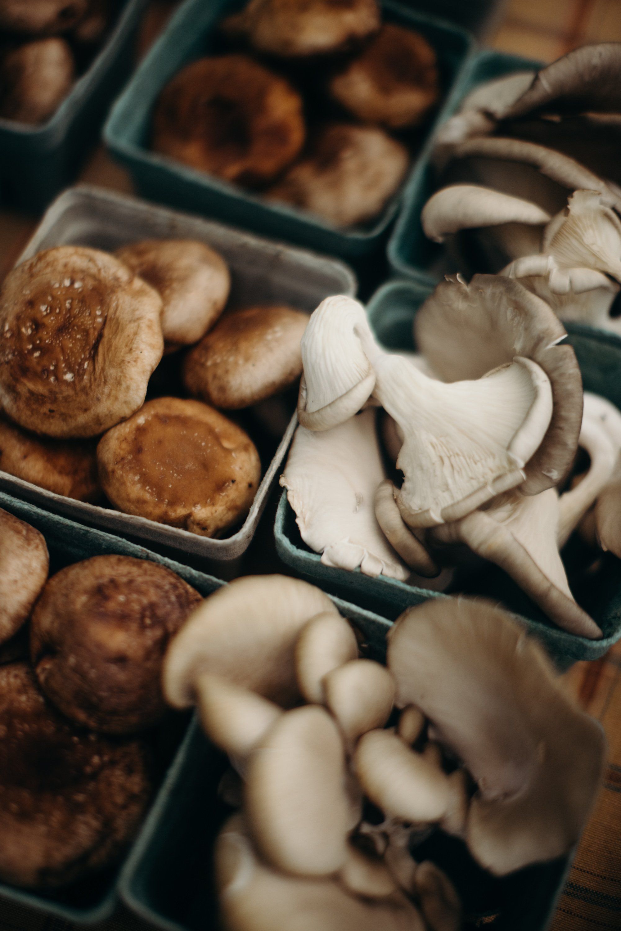 Fresh mushrooms and baked goods arranged in green market containers at a farmers market stall