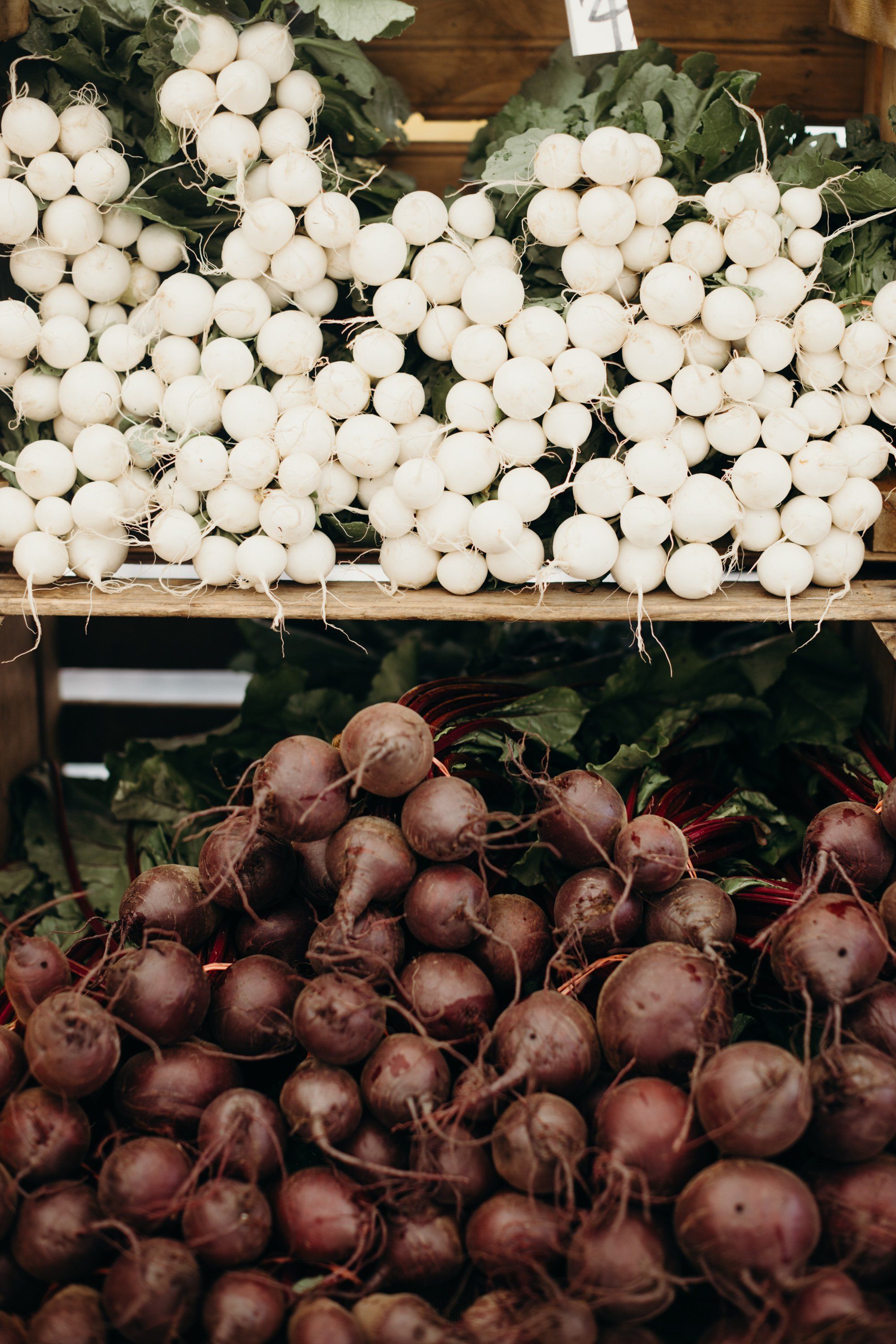 Fresh white and deep red beets with greens displayed at Salt Spring Island farmer's market in natural daylight