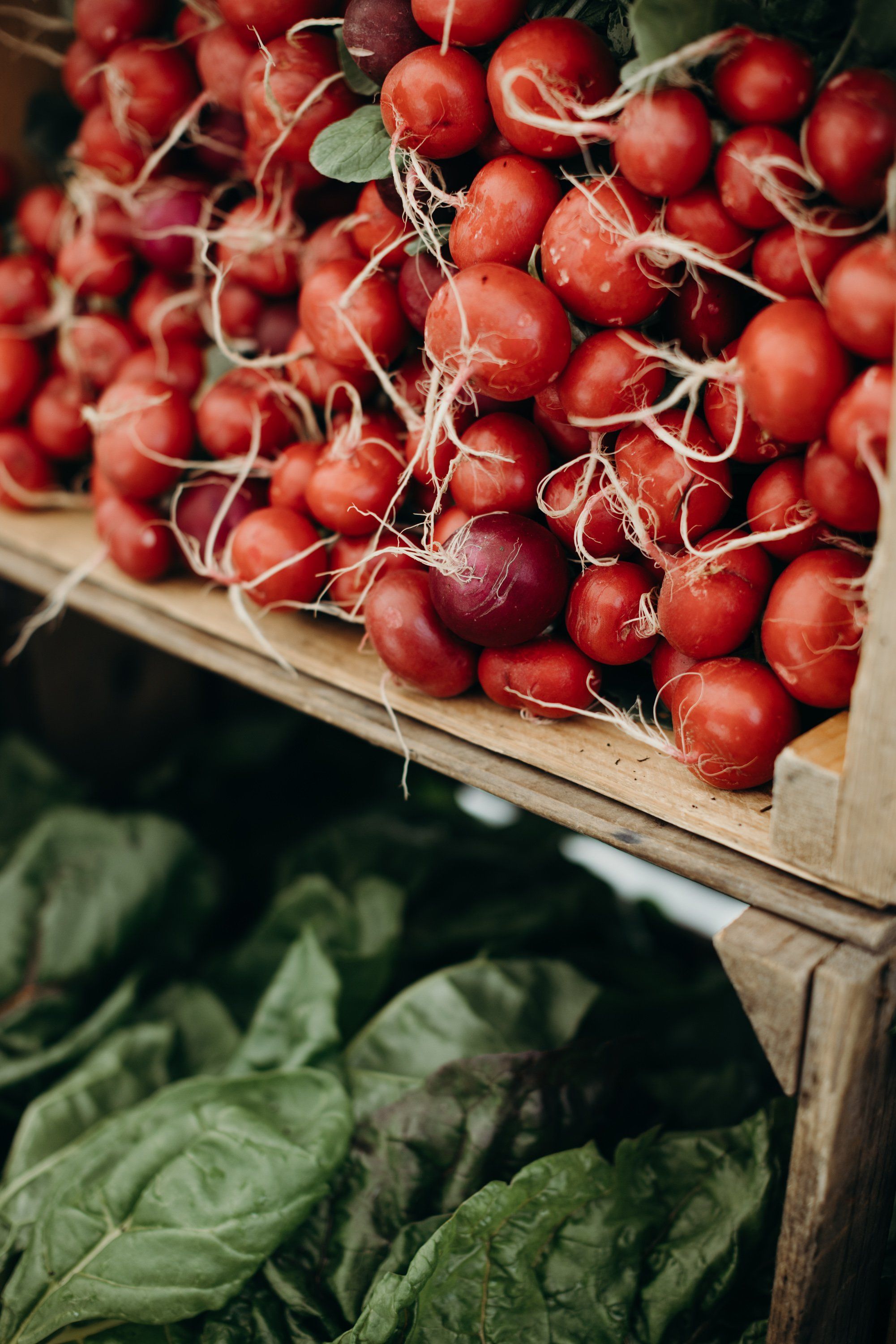 Fresh red radishes with white roots bundled in wooden crates at a farmers market, with leafy greens visible below