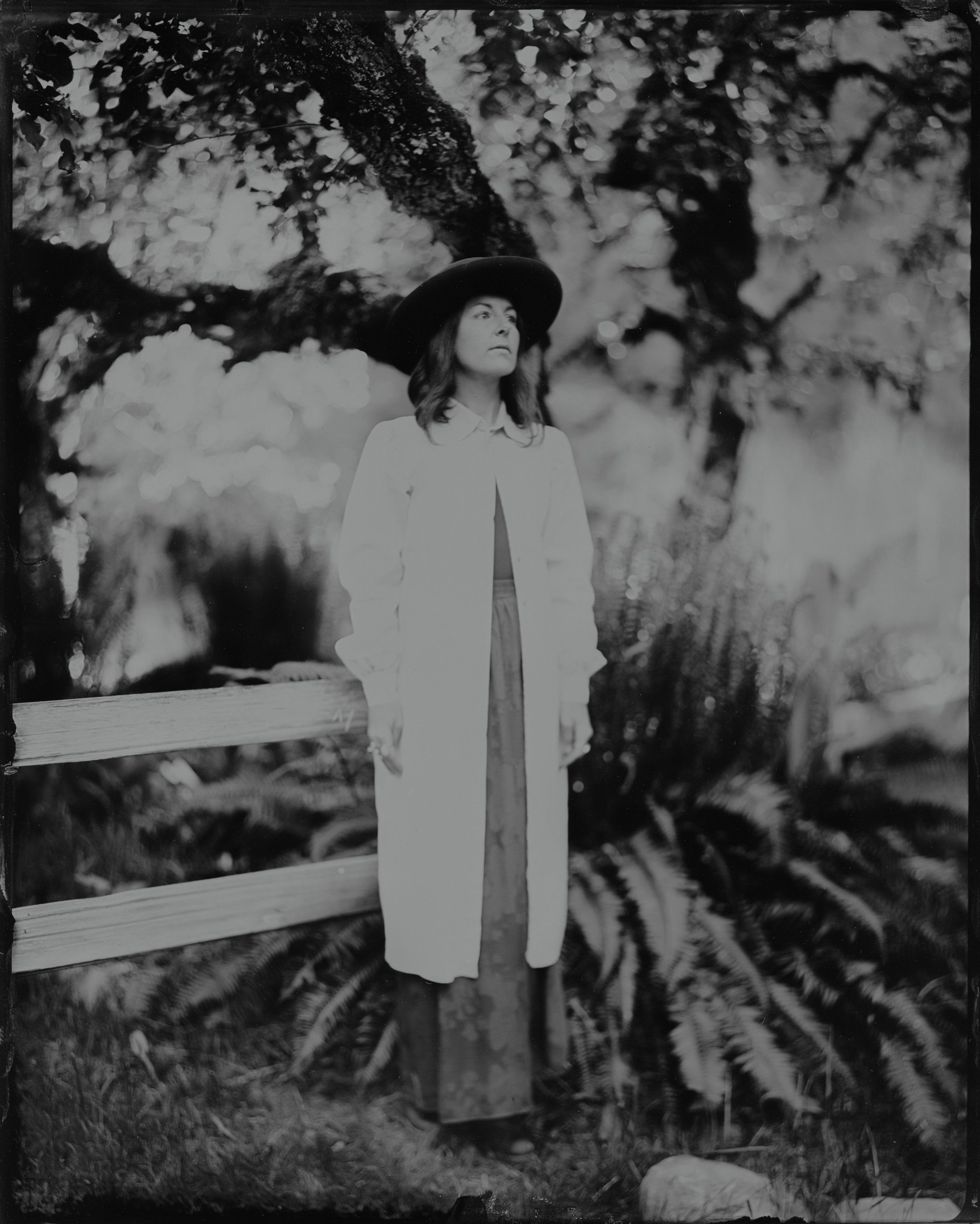 Woman in white cardigan gazing upward beneath gnarled tree branches, black and white portrait with dappled shadows