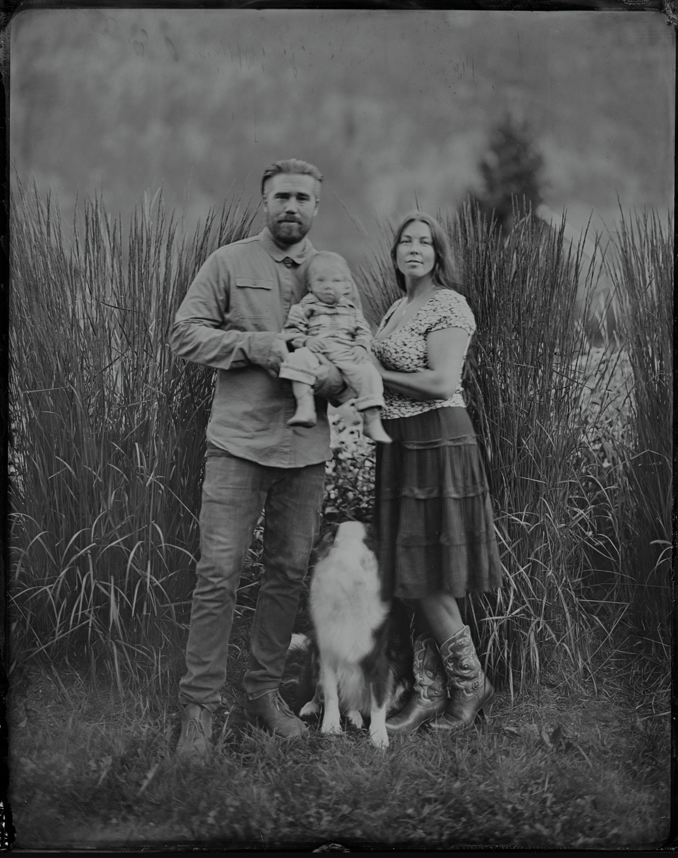 Family of three with dog standing in tall grass field, holding infant, rendered in soft black and white tintype style
