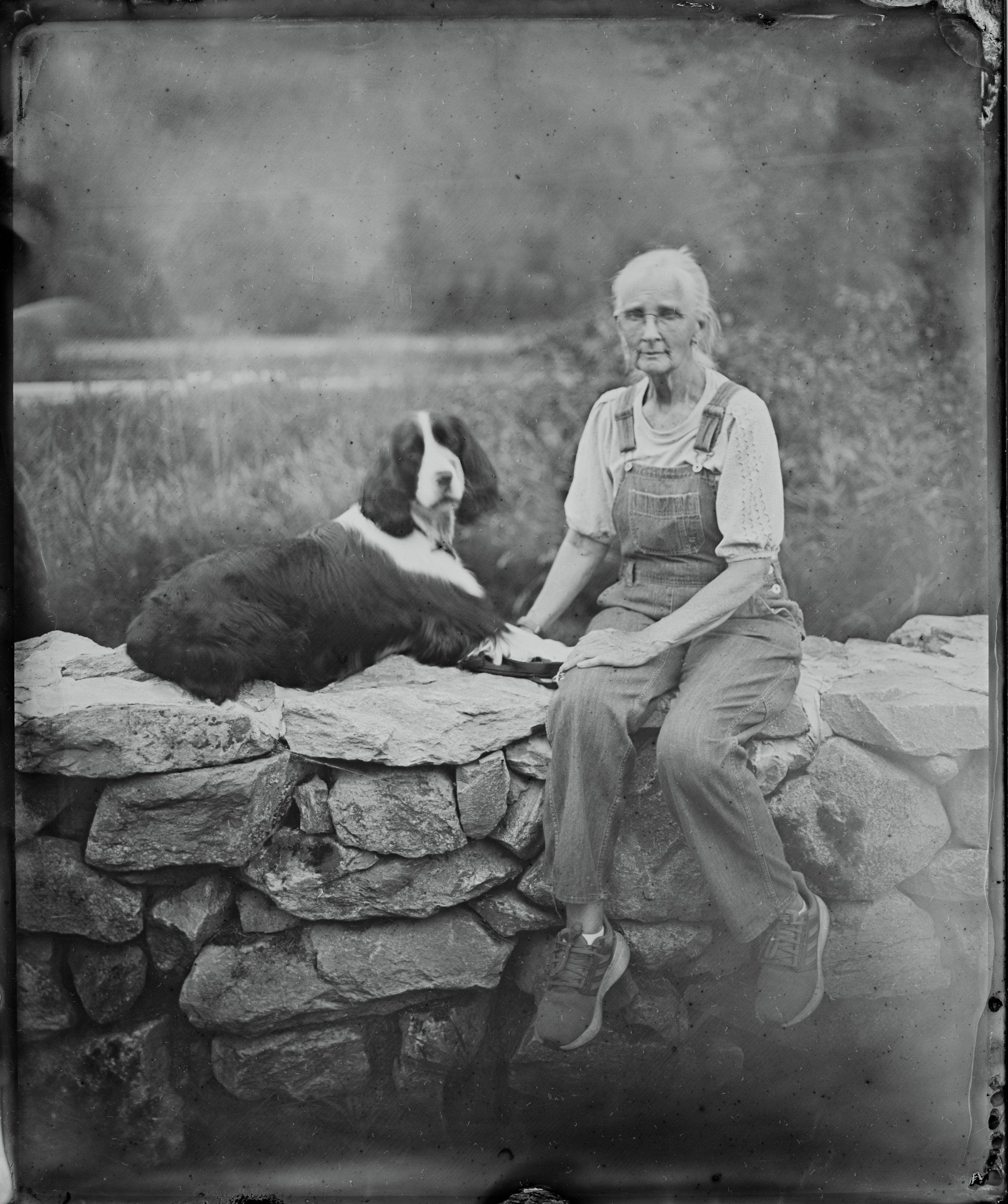Elderly man in overalls sits on a stone ledge beside a dark dog, rural field backdrop, soft natural light, intimate vintage portrait