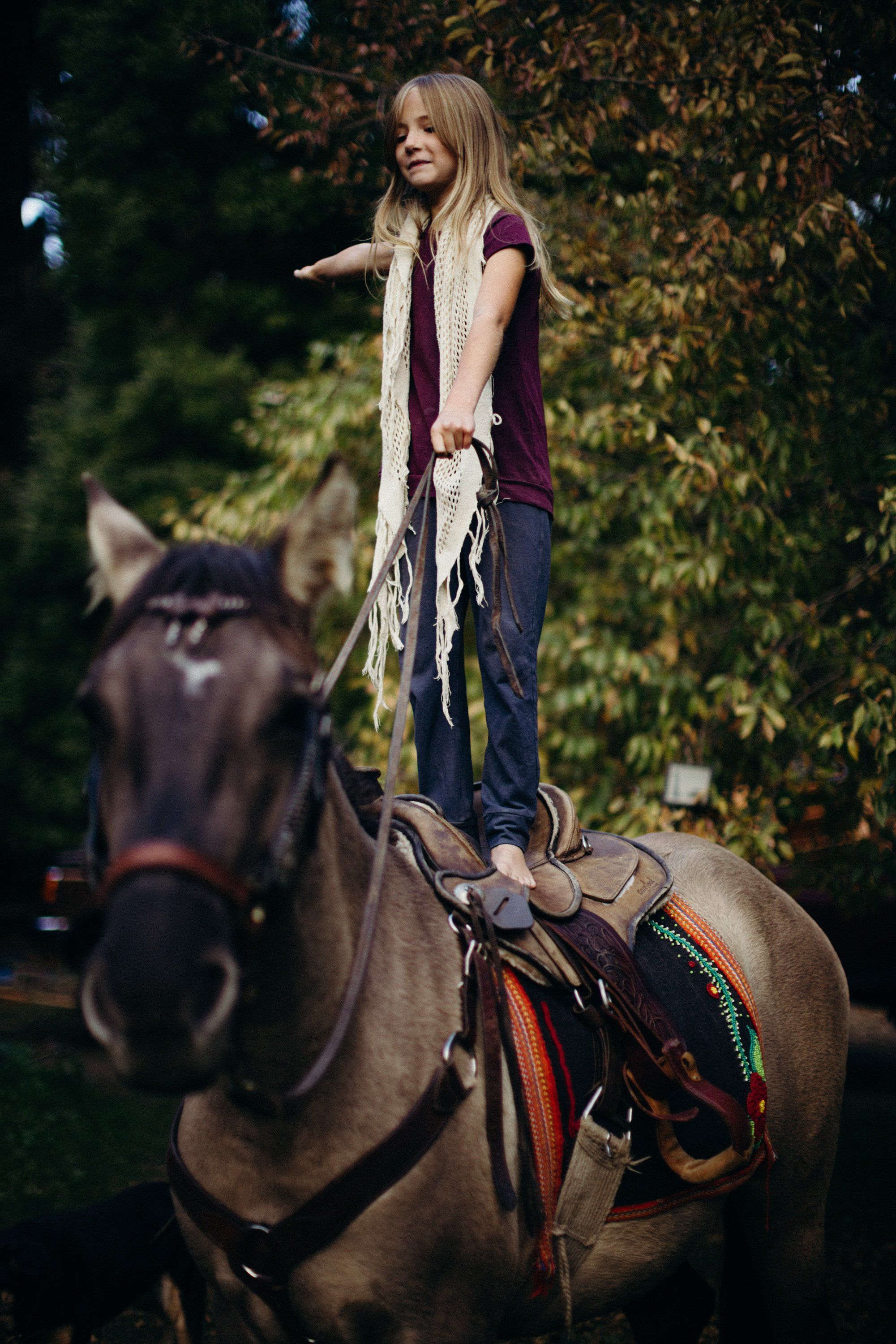 Girl standing on saddled horse beside golden ivy, holding a rope halter, dappled sunlight filtering through autumn foliage
