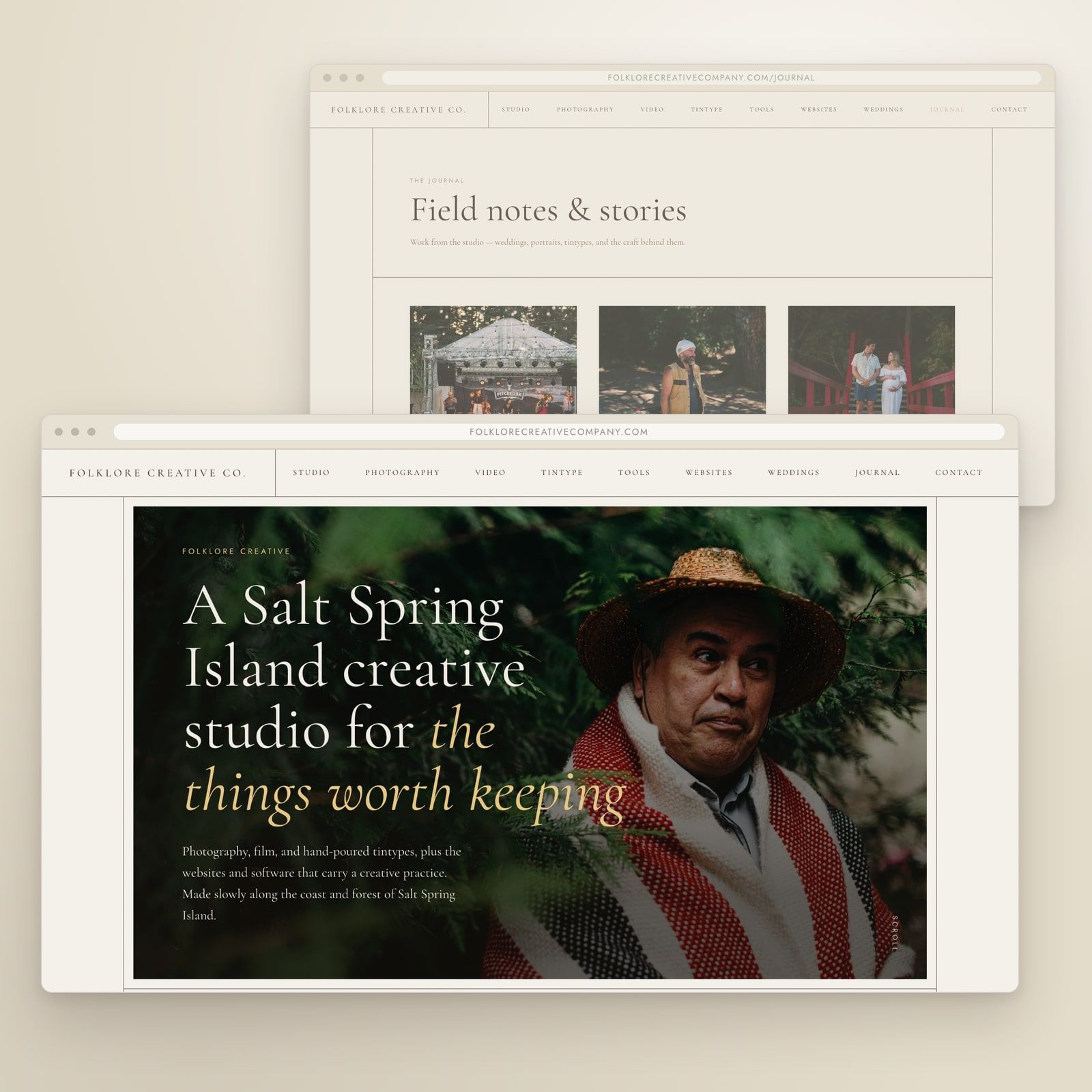 A Folklore-built website shown on a desktop browser, homepage and journal