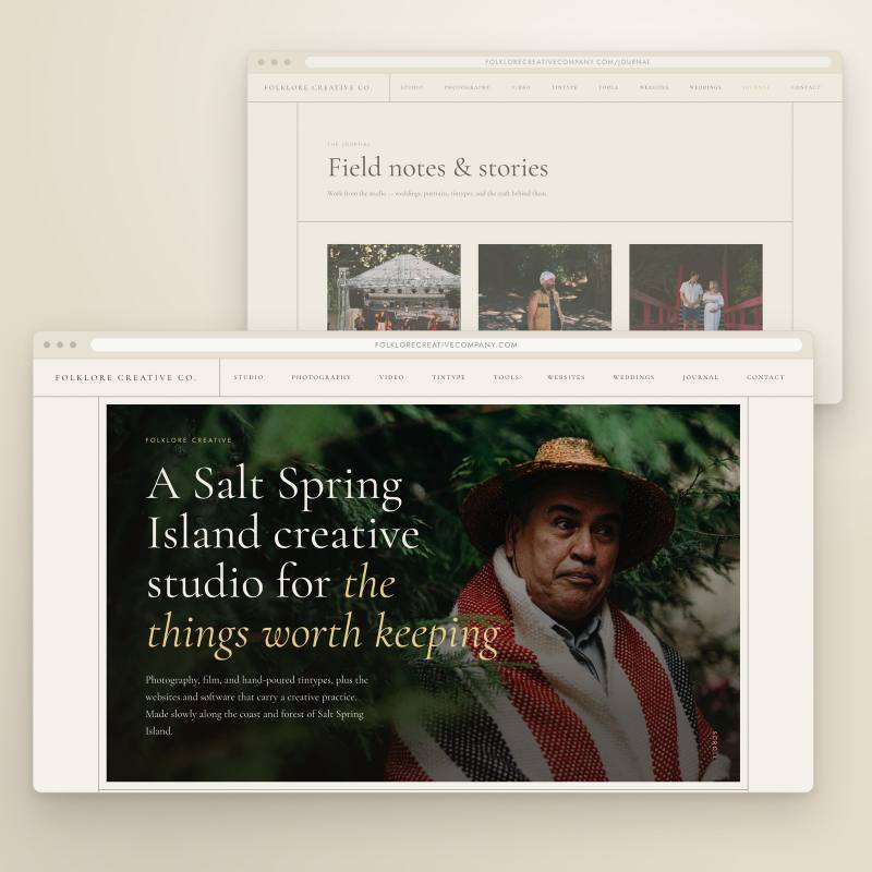 A Folklore-built website shown on a desktop browser, homepage and journal
